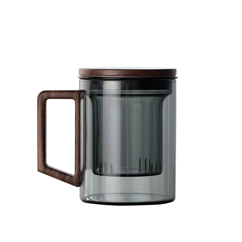 Glass Tea Cup, Side Wood Handle Glass, Green Dull Color Lingkong Tea Cup, Tea And Water Separation, Office Drinking Tea Cup, Scented Tea Cup