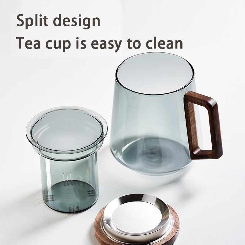 Glass Tea Cup, Side Wood Handle Glass, Green Dull Color Lingkong Tea Cup, Tea And Water Separation, Office Drinking Tea Cup, Scented Tea Cup