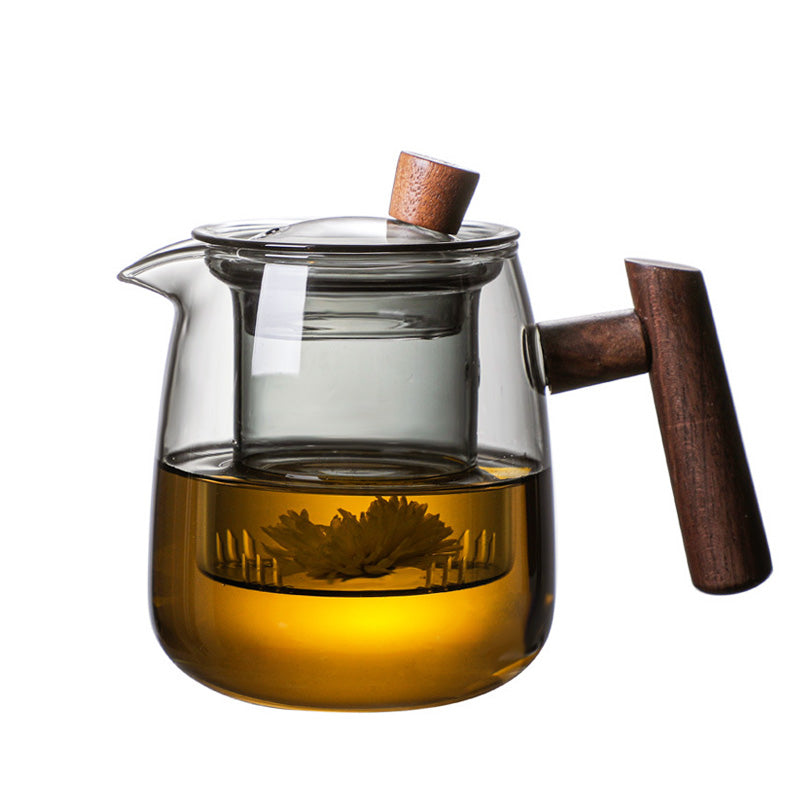 Glass Teapot, Wooden Handle Teapot, High Temperature Resistant Tea Water Separation Household Kung Fu Tea Maker Scented Tea Teapot