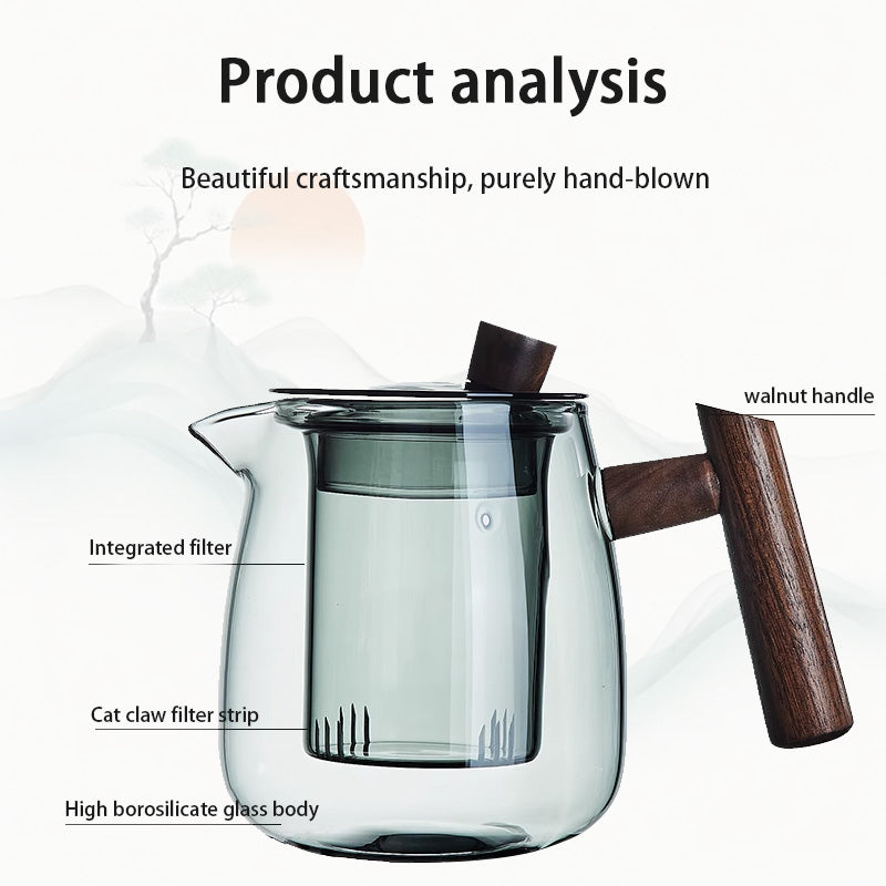 Glass Teapot, Wooden Handle Teapot, High Temperature Resistant Tea Water Separation Household Kung Fu Tea Maker Scented Tea Teapot