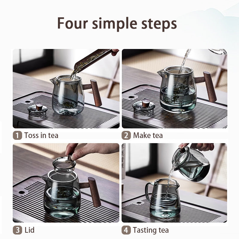 Glass Teapot, Wooden Handle Teapot, High Temperature Resistant Tea Water Separation Household Kung Fu Tea Maker Scented Tea Teapot