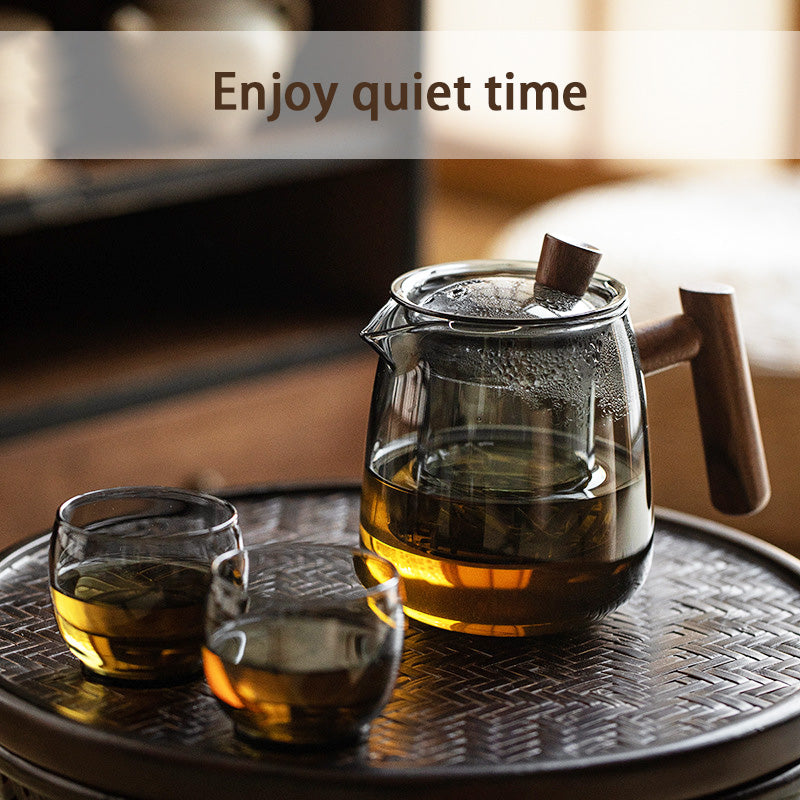 Glass Teapot, Wooden Handle Teapot, High Temperature Resistant Tea Water Separation Household Kung Fu Tea Maker Scented Tea Teapot