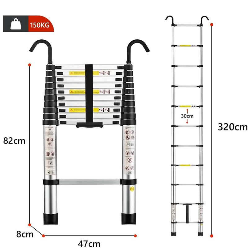 Telescoping Ladder, Aluminum Alloy, 3.2 Meters, Non-Slip Folding Ladder, Multi-Purpose Ladder, Removable Handrails, Telescopic Ladder, Multi-Function Ladder, Maximum Load-Bearing Capacity 150 Kg