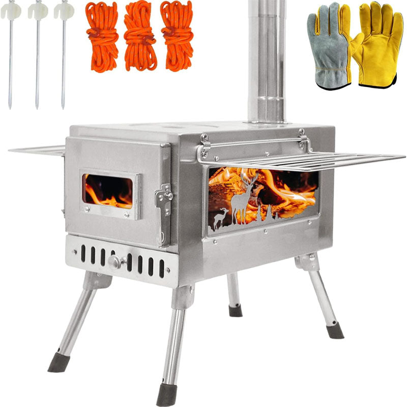 Tent Wood Stove Stainless Steel Camping Tent Stove Portable with Chimney Pipe & Gloves for Outdoor Cooking and Heating