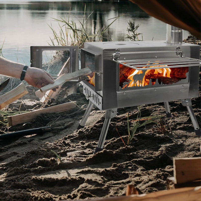 Tent Wood Stove Stainless Steel Camping Tent Stove Portable with Chimney Pipe & Gloves for Outdoor Cooking and Heating