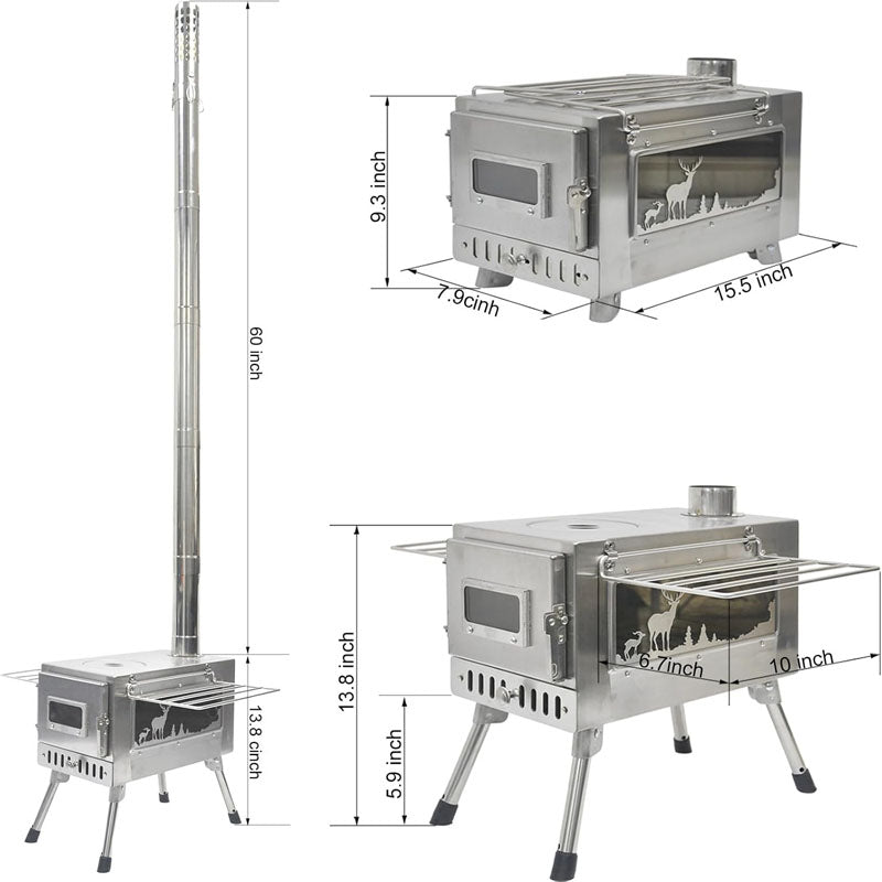 Tent Wood Stove Stainless Steel Camping Tent Stove Portable with Chimney Pipe & Gloves for Outdoor Cooking and Heating
