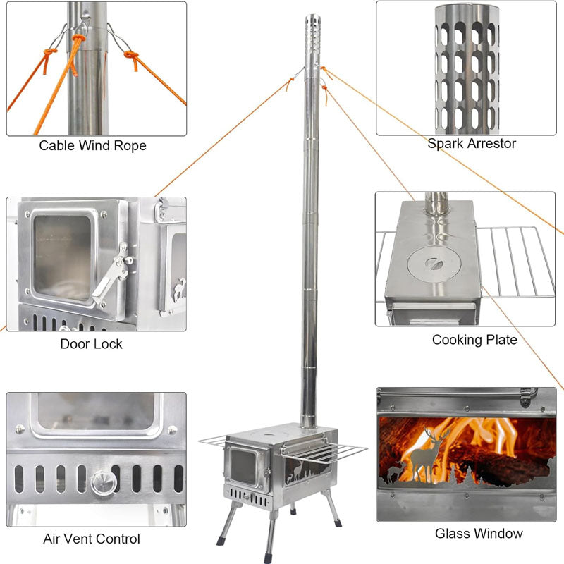 Tent Wood Stove Stainless Steel Camping Tent Stove Portable with Chimney Pipe & Gloves for Outdoor Cooking and Heating
