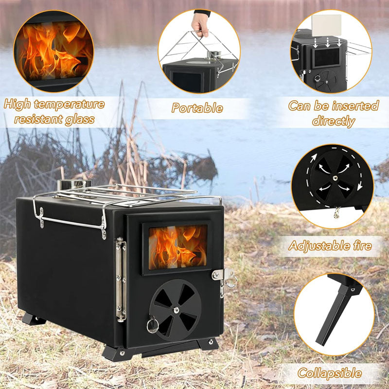Tent Wood Stove with Chimney Pipes & Gloves for Tent Camping Ice-fishing Cookout Hiking Travel with 7 Pipes