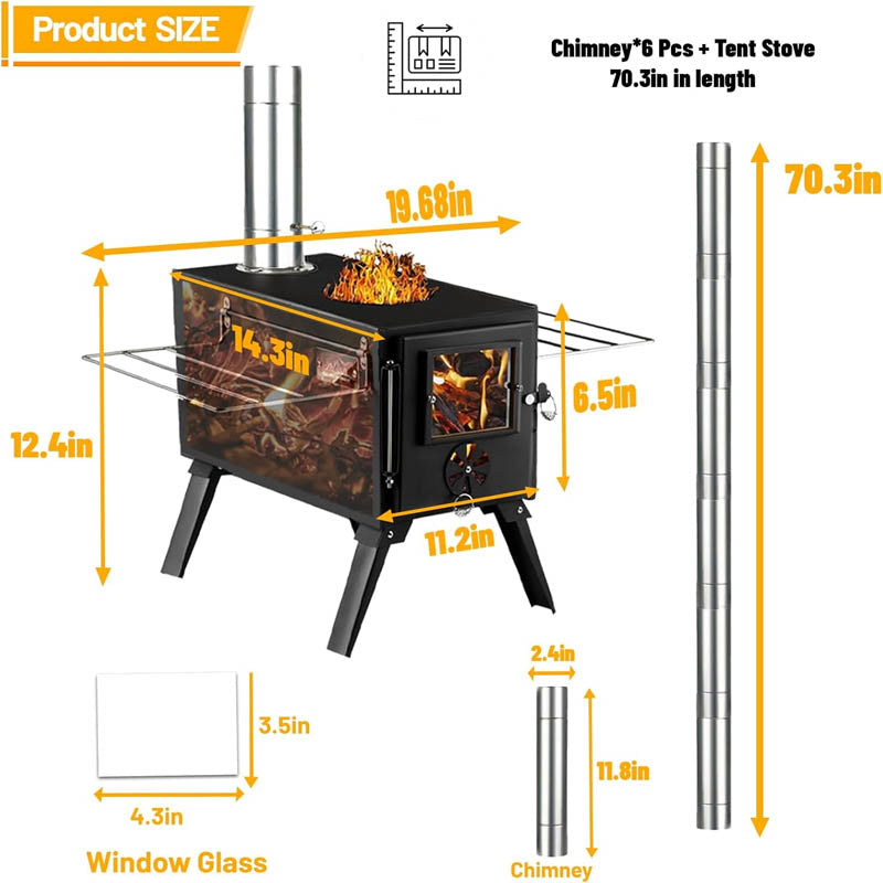 Tent Wood Stove Small Wood Stove with 7 Stainless Chimney Pipes for Outdoor Heating & Cooking