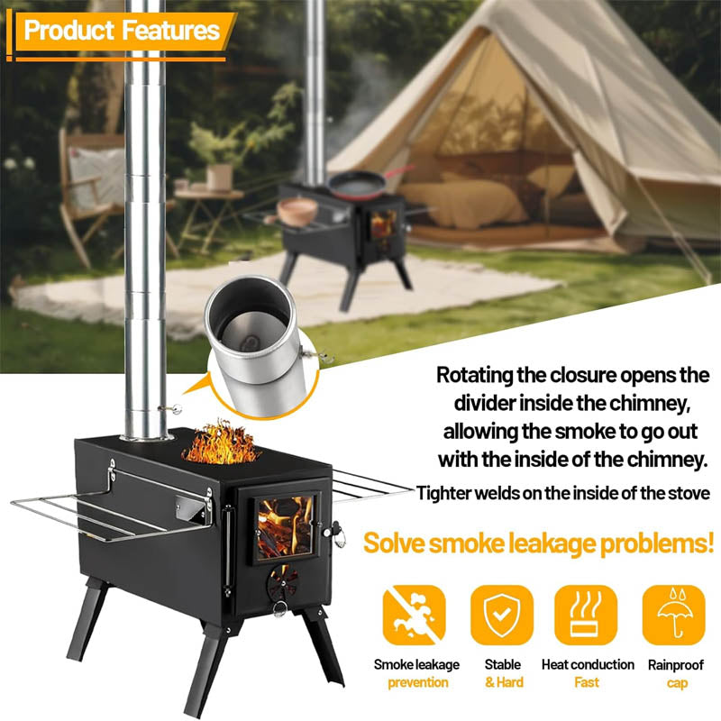 Tent Wood Stove Small Wood Stove with 7 Stainless Chimney Pipes for Outdoor Heating & Cooking