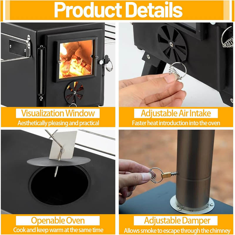 Tent Wood Stove Small Wood Stove with 7 Stainless Chimney Pipes for Outdoor Heating & Cooking