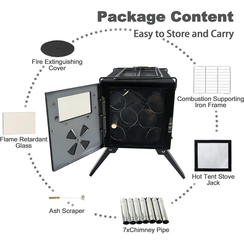 Tent Wood Stove with Chimney Pipes & Gloves for Tent Camping Ice-fishing Cookout Hiking Travel with 7 Pipes