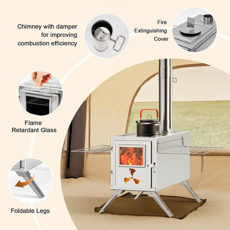 Tent Wood Stove Portable Camping Wood Stove with 7 Chimney Pipes for Outdoor, Camping, Cooking