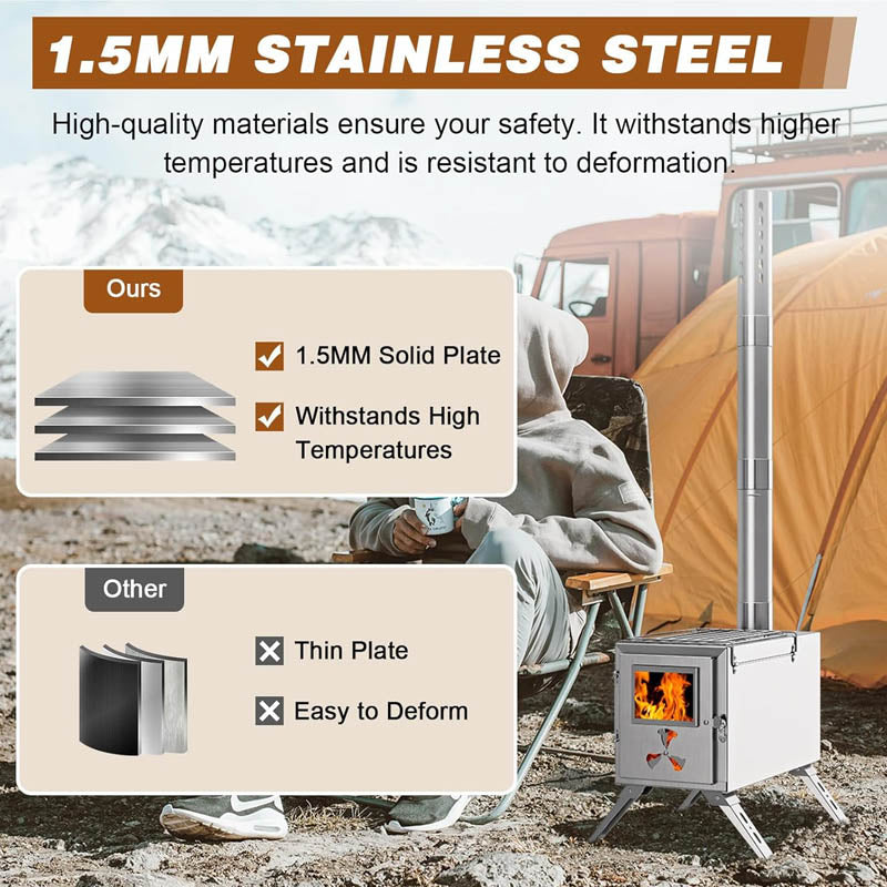 Tent Wood Stove Portable Camping Wood Stove with 7 Chimney Pipes for Outdoor, Camping, Cooking