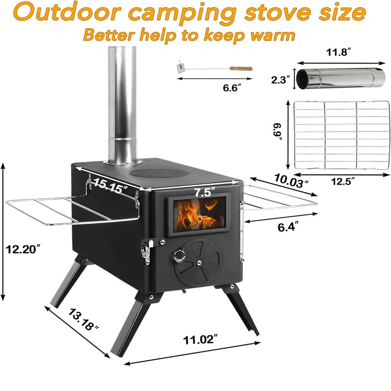 Tent Wood Stove with Chimney Pipes & Gloves for Tent Camping Ice-fishing Cookout Hiking Travel with 7 Pipes