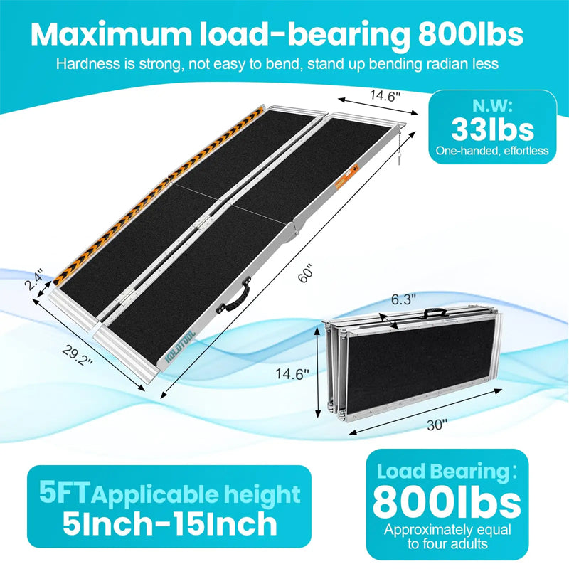 5Ft Aluminum Wheelchair Loading Ramp With An Applied Slip-Resistant Surface Portable Foldable For Disabled