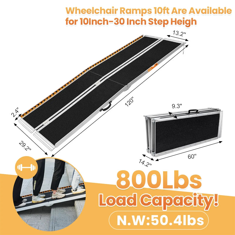 10Ft Wheelchair Loading Ramp Portable Aluminum Non-Skid Folding Handicap Ramp