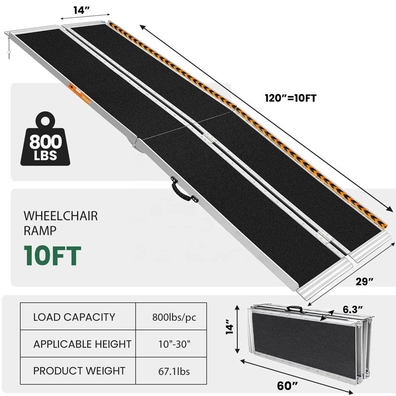 10Ft Wheelchair Loading Ramp Portable Aluminum Non-Skid Folding Handicap Ramp