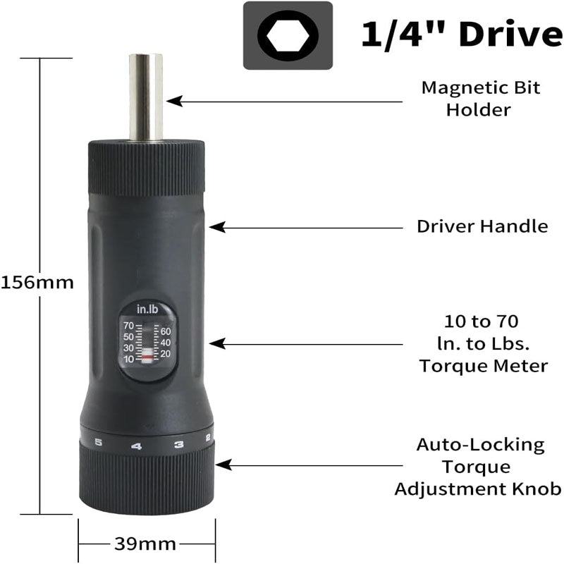 1/4" Drive Torque Screwdriver 10-70 in-lbs Torque Adjustment Range 10 Pieces Bits Set for Maintenance Tools Bike Repairing and Mounting