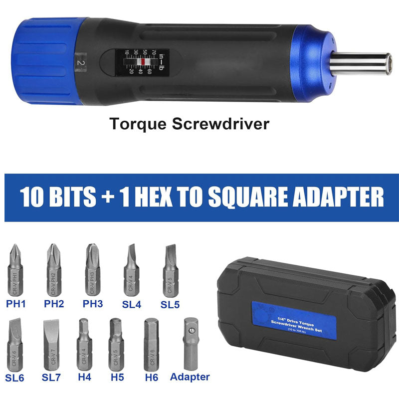 1/4 inch Drive Torque Screwdriver Wrench 10 to 70 Inch Pounds Torque Wrench with Bits &Case