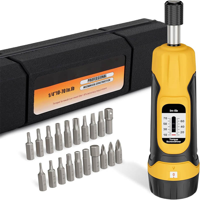 1/4”Torque Screwdriver 10-70 in-lbs Torque Wrench Screwdriver Set with 20 S2 Bits and Case for Tools