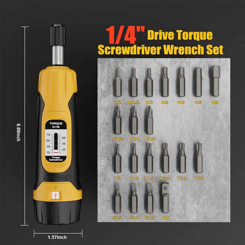 1/4”Torque Screwdriver 10-70 in-lbs Torque Wrench Screwdriver Set with 20 S2 Bits and Case for Tools