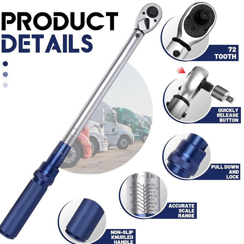 1/2-inch Drive Click Torque Wrench Dual-Direction Adjustable Torque Wrench Set 10-160ft .lb