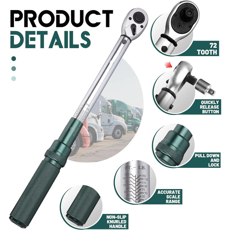 1/2-inch Drive Click Torque Wrench Dual-Direction Adjustable Torque Wrench Set 10-160ft .lb