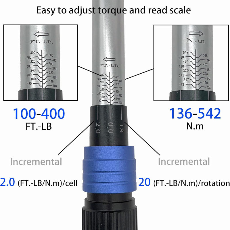 3/4 In. Drive Torque Wrench 100-400 ft. lb/135-815NM Torque Wrench with Alloy Aluminum Handle & Cr-Mo Head in Solid Storage Case