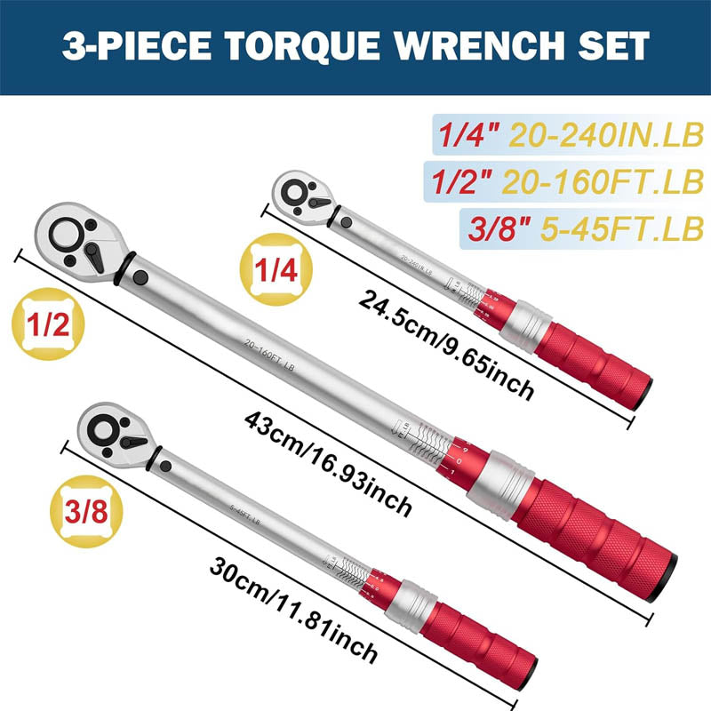 3Pcs Torque Wrench 1/4 3/8 1/2-inch Drive Click Torque Wrench Dual-Direction Adjustable 72-Tooth Torque Wrench