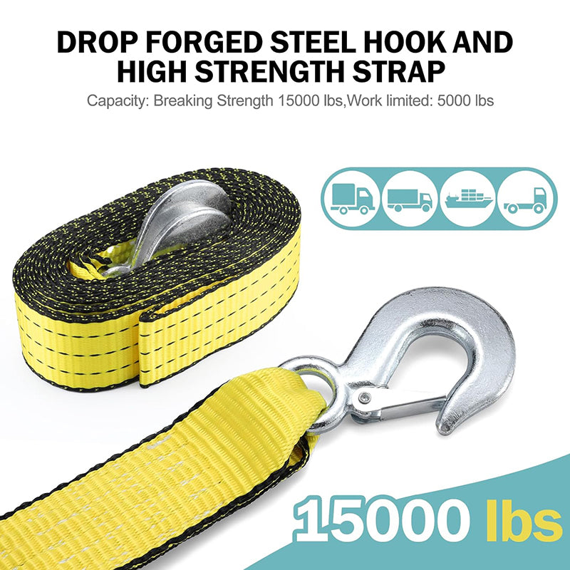 Heavy Duty Tow Straps with Hooks 2”x20’ 15,000 LBS Metal Safety Hooks Woven Polyester Webbing for Trailers and Farm Cleaning