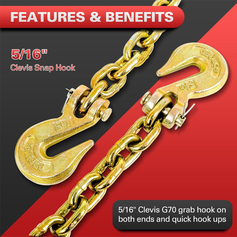 Tow Chain 3/8"×10FT G80 Binder Chain with G70 Hooks 5400 lbs Safe Working Load Logging Chain