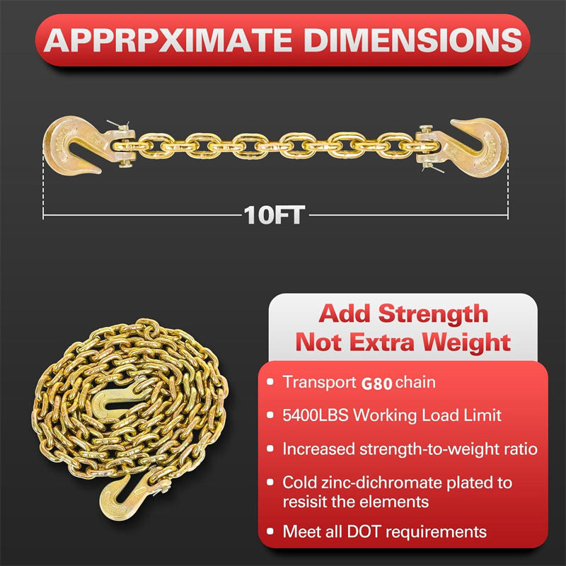 Tow Chain 3/8"×10FT G80 Binder Chain with G70 Hooks 5400 lbs Safe Working Load Logging Chain