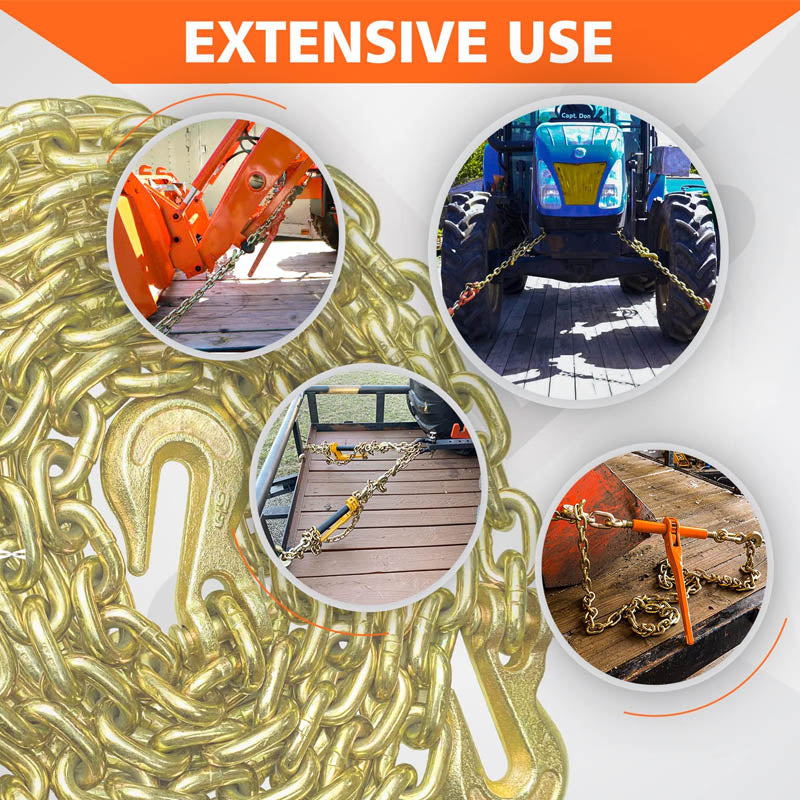G80 Tie Down Tow Chain with Clevis Grab Hooks 4,900 lbs Safe Working Load for Transporting Towing Tie Down Binding Equipment