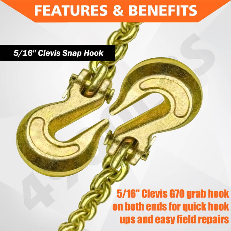 G80 Tie Down Tow Chain with Clevis Grab Hooks 4,900 lbs Safe Working Load for Transporting Towing Tie Down Binding Equipment