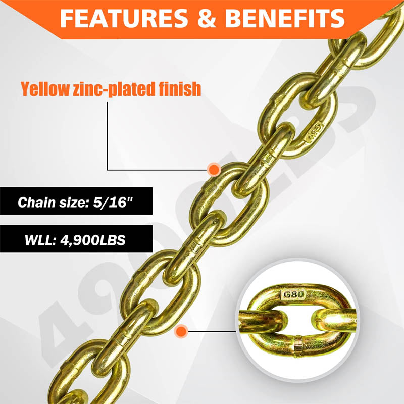 G80 Tie Down Tow Chain with Clevis Grab Hooks 4,900 lbs Safe Working Load for Transporting Towing Tie Down Binding Equipment