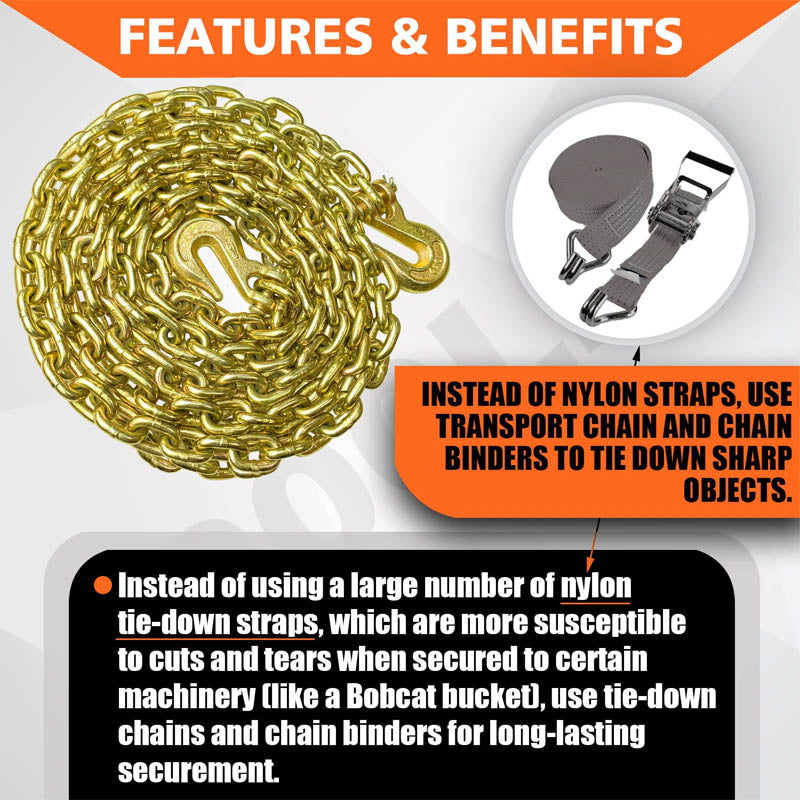 G80 Tie Down Tow Chain with Clevis Grab Hooks 4,900 lbs Safe Working Load for Transporting Towing Tie Down Binding Equipment