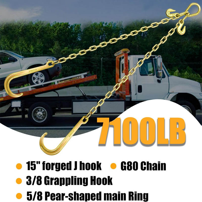 Tow Chain 3/8In x 2Ft Towing Chain Bridle with J Hooks and Grab Hooks Grade 80 Chain V-Bridle