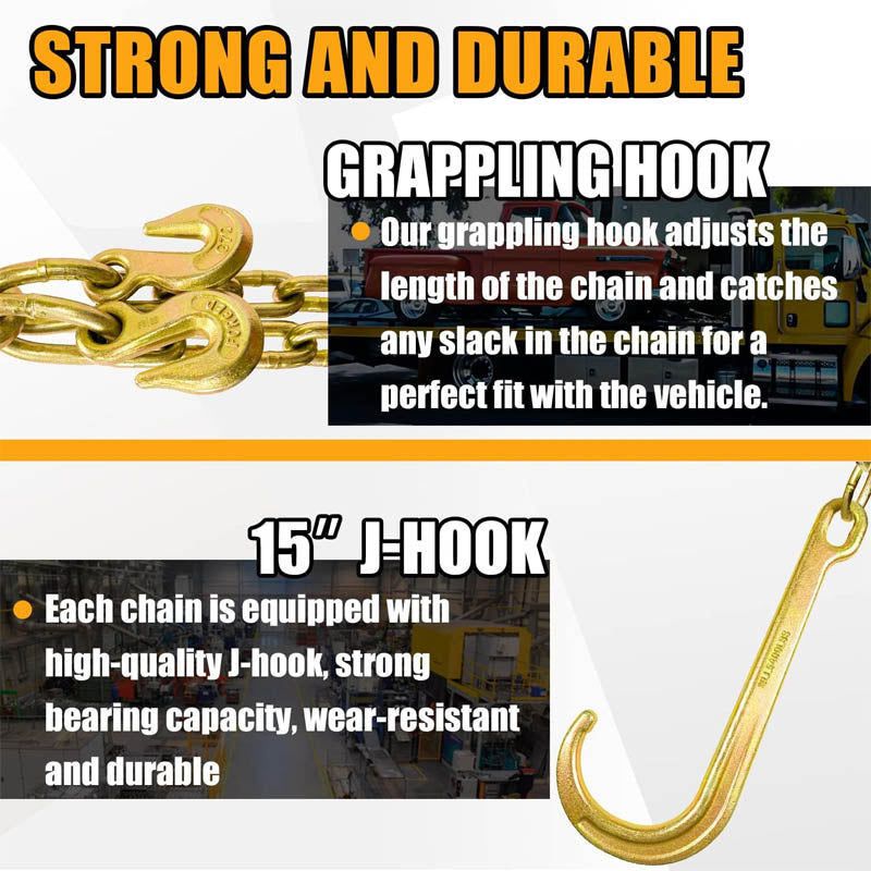 Tow Chain 3/8In x 2Ft Towing Chain Bridle with J Hooks and Grab Hooks Grade 80 Chain V-Bridle