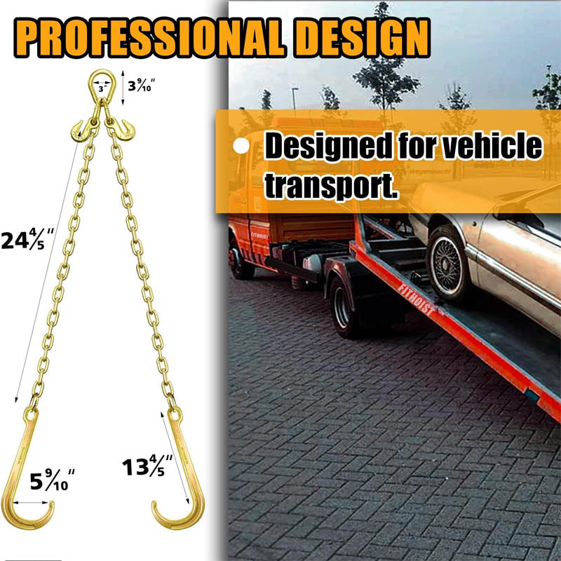 Tow Chain 3/8In x 2Ft Towing Chain Bridle with J Hooks and Grab Hooks Grade 80 Chain V-Bridle