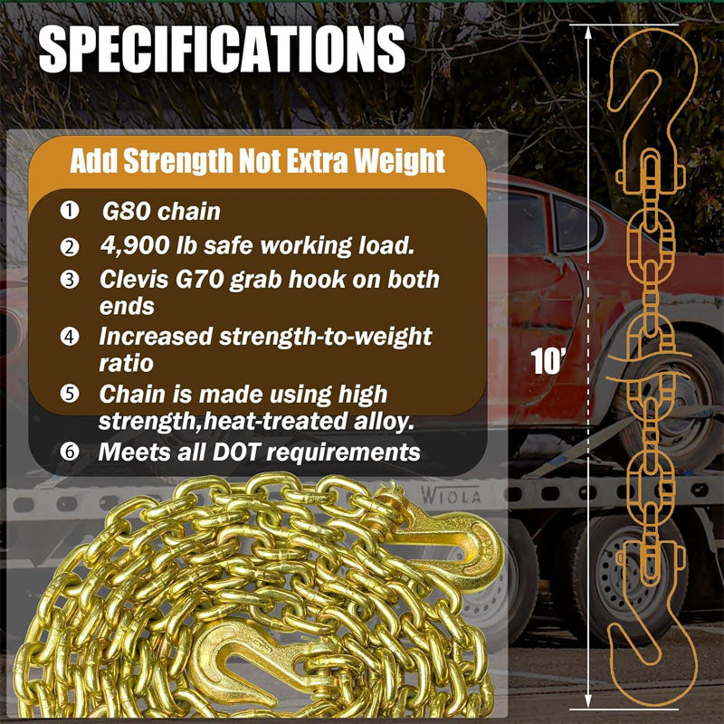 5/16 Inch x 10 Foot Tow Chain Transport Binder Chain Tow Chain with Clevis Grab Hooks 4,900 lbs for Transporting Towing