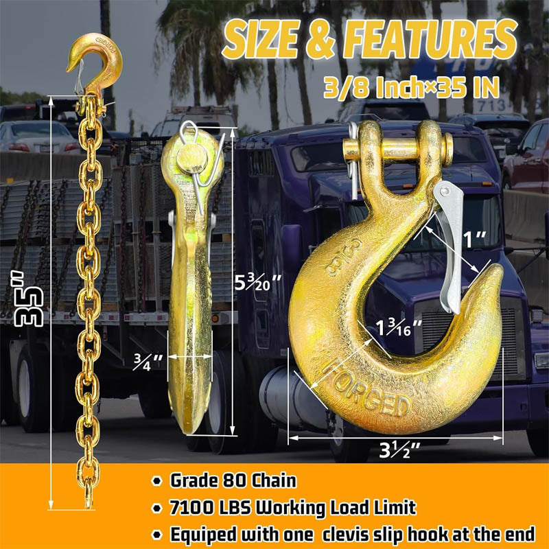2 Pack Tow Chain 3/8" Trailer Safety Chains G80 Tow Chains with G70 Clevis Safety Hooks 35" length 27000 lbs Break Strength 7100 lbs