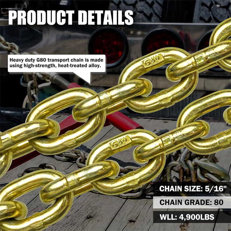 5/16 Inch x 10 Foot Tow Chain Transport Binder Chain Tow Chain with Clevis Grab Hooks 4,900 lbs for Transporting Towing