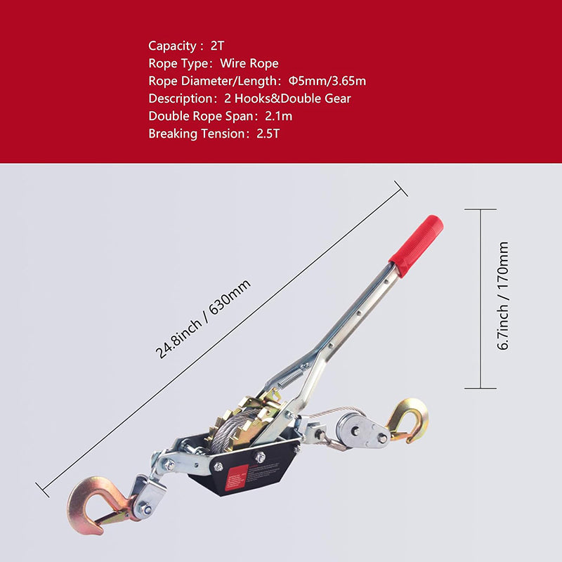 2 Ton Capacity Heavy Duty Come Along Tool with Dual Gears with 12FT Steel Cable 2 Hooks Hand Winch Tool