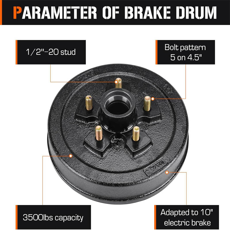 Trailer Electric Brake 5 on 4.5" Bolt Circle Drum Kits with 10" x 2.25" Left and Right Self for 3500 lbs Axle