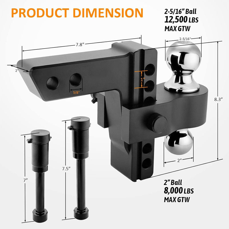 Trailer Hitch Lock Adjustable with 2inch Receiver - 6" Drop/Rise with 2" and 2-5/16" Tow Balls-12500GTW with Double Anti-Theft Pins Locks
