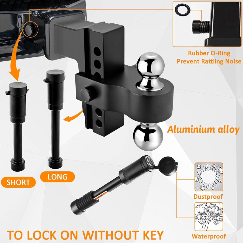 Trailer Hitch Lock Adjustable with 2inch Receiver - 6" Drop/Rise with 2" and 2-5/16" Tow Balls-12500GTW with Double Anti-Theft Pins Locks