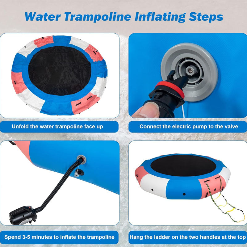 10FT Trampoline Round Inflatable Water Bouncer with 4-Step Ladder Electric Pump and Rope Ladder