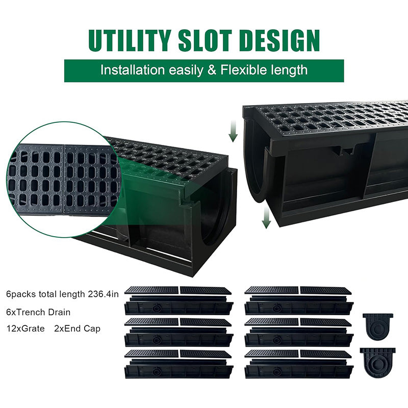39.4Lx6.1Wx5.5H in. Channel Drain with Grates 6 Pack Plastic Trench Drain System Deep Profile HDPE Trench Drain for Outdoor,Downspout,Yard Fence,Pool,Sidewalk,Patio