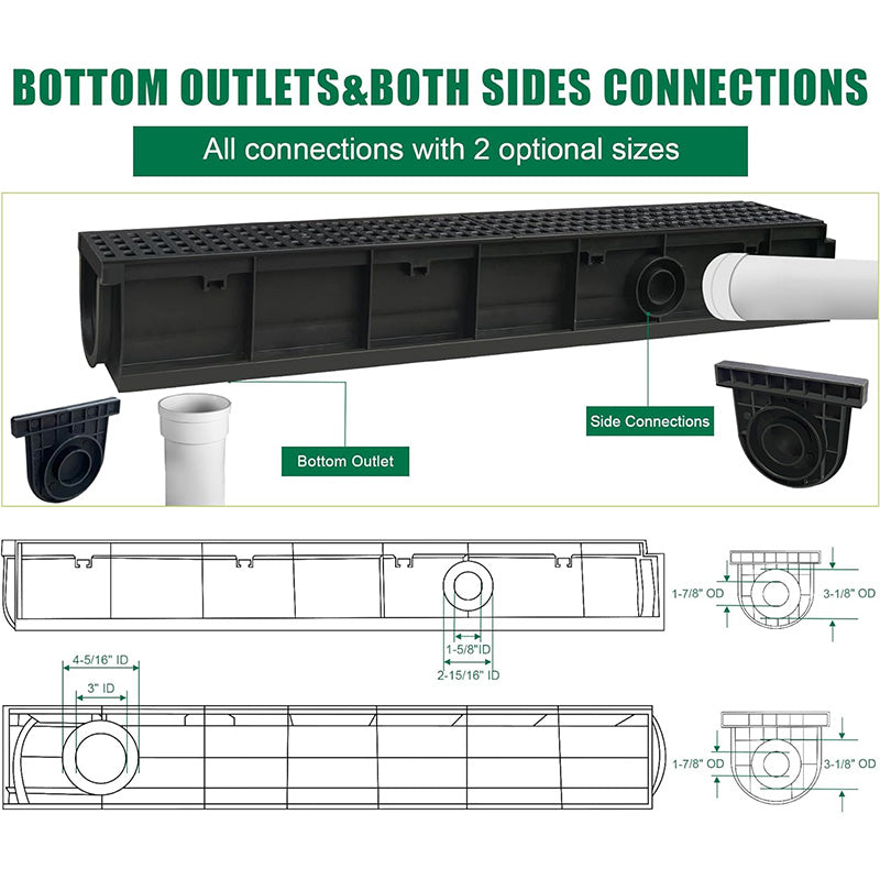 39.4Lx6.1Wx5.5H in. Channel Drain with Grates 6 Pack Plastic Trench Drain System Deep Profile HDPE Trench Drain for Outdoor,Downspout,Yard Fence,Pool,Sidewalk,Patio